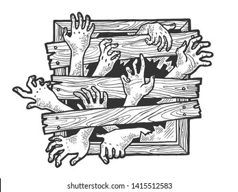 Zombie hands are trying to get through boarded window sketch engraving vector illustration. Scratch board style imitation. Black and white hand drawn image.