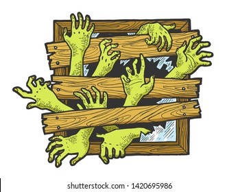 Zombie hands are trying to get through boarded window sketch engraving vector illustration. Scratch board style imitation. Black and white hand drawn image.