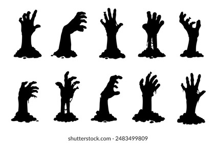 Zombie hands, undead corpse arms reaching out from grave, vector silhouette icons. Halloween horror holiday cartoon dead zombie hands with bones, crooked fingers and nails, dead demon or zombie hands