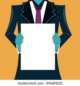 Zombie hands Vector illustration Zombie hands in suit holds a blank white sheet Comics style