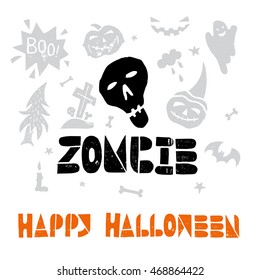 Zombie. Happy Halloween lino cut vector elements with texture. Latin hand lettered alphabet. Isolated decorative: pumpkin, witch, bat, skeleton, black cat, ghost, letters, words