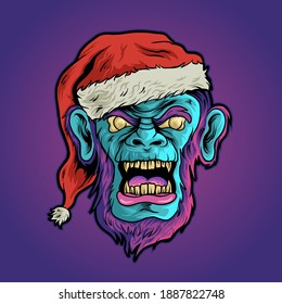 the zombie head of ape Christmas illustration