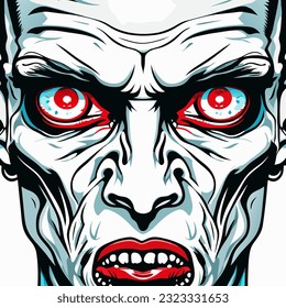 Cabeza zombie con ojos grandes. Ilustración vectorial en estilo retro.