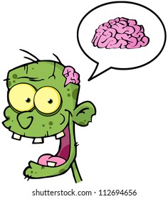 Zombie Head Cartoon Character And Speech Bubble With Brain