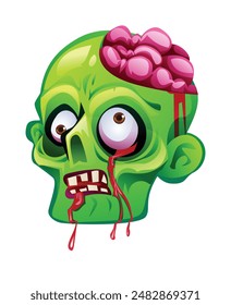 Zombie-Kopf mit freiliegendem Gehirn und blutenden Augen. Vektorgrafik Cartoon Illustration