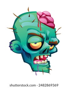 Zombie head with exposed brain. Vector cartoon illustration isolated on white background