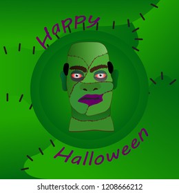 zombie head for halloween card on green background