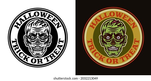 Zombie head halloween round emblem two styles black on white and colorful on dark background vector illustration