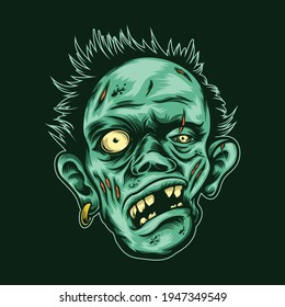 Zombie Head Illustration with earring vector on isolated background