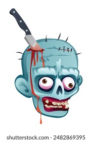 Zombie-Kopf mit einem Messer stecken darin. Vektorgrafik Cartoon Illustration isoliert auf weißem Hintergrund