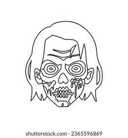 Ilustración vectorial de la línea de la cabeza zombie, cierre plano de la línea zombie avatar de halloween arte vectorial aislado en fondo blanco