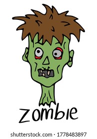 Cabeza zombie con un fondo blanco. Personaje para halloween en estilo doodle. Caricatura zombie con una inscripción.