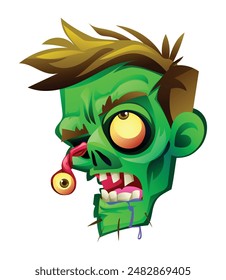 Zombie head with one eyeball hanging out. Vector cartoon illustration