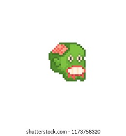 Zombie head. Pixel art. Old school computer graphic. 8 bit video game. Game assets 8-bit sprite. Games elements.