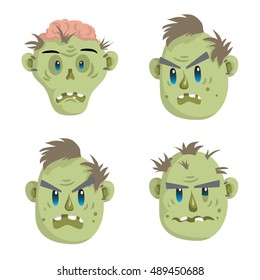 Zombie head scary spooky emotion icons set. Illustrations collection isolated on white background. Halloween avatars and mask simple gradient vector.