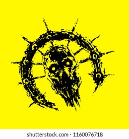 Zombie head in semicircle with spikes. Vector illustration. Genre of horror. Yellow color background