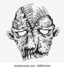 zombie head skull with scary mouth on the head full of canines sketch line art