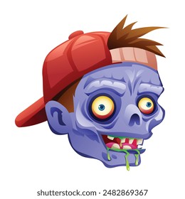 Zombie head wearing a red cap. Vector cartoon illustration