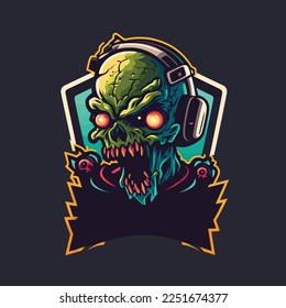 Zombie with headphone, esports mascot design, gaming logo template, illustration