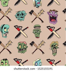 Zombie heads, bits, ax, chainsaw, machete, calligraphy. Color illustration. Pattern, texture, background picture. Can be used for wrapping paper, posters, fabrics, wallpapers, t-shirts.