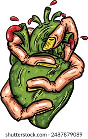 Zombie Herz wird von Händen und Fingern gehalten und gepresst Hand gezeichnet Retro Cartoon