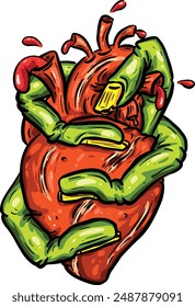 Corazón zombi que se sostiene y aprieta por manos y dedos dibujado a mano Caricatura retro
