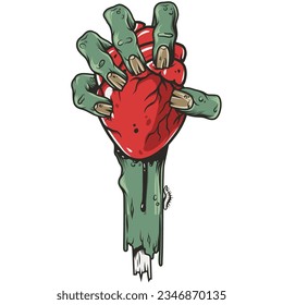 Zombie with heart in hand and zombie fingers for october autumn scary halloween design and mystery halloween night