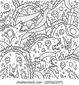 Zombie hedgehog. Alive evil dead animals. Scary monsters. Cartoon vector illustration. Coloring page. Outlined hand drawn artwork. Black and white colors. Clipart