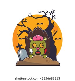 Zombie hedgehog rise from graveyard in halloween day. Cute halloween cartoon illustration. 