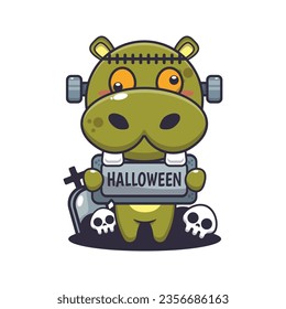 Zombie hippo holding halloween greeting stone. Cute halloween cartoon illustration. 