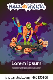 Zombie Hipster Group Happy Halloween Party Invitation Card Flat Vector Illustration