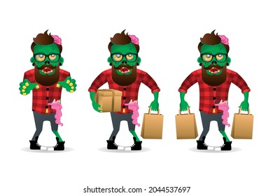 Un hipster zombi aislado en un fondo blanco. Estilo de caricatura de hombres zombis. Ilustración del vector