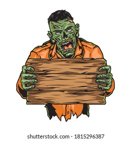 Zombie holding blank wooden board in vintage style isolated vector illustration