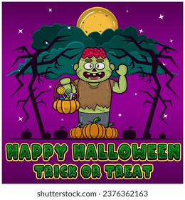 Zombie Holding Candy. Happy Halloween. Trick and Treat. Greeting Card, Invitation and Poster. Vectors and Illustrations.