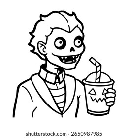 A zombie holding a Halloween themed drink with a straw jack o lantern face vector