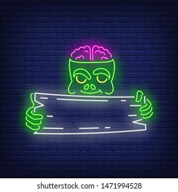 Zombie holding wooden signboard neon sign. Halloween, monster, horror design. Night bright neon sign, colorful billboard, light banner. Vector illustration in neon style.