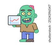 Zombie holds digital tablet with business chart and smiles. Vector Illustration