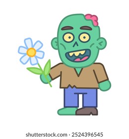 Zombie holds flower and smiles. Vector Illustration