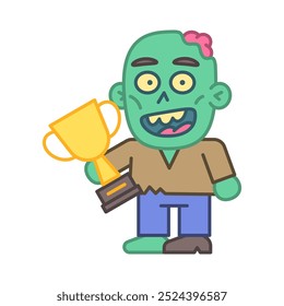 Zombie holds gold cup and smiles. Vector Illustration