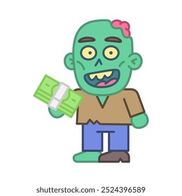 Zombie holds wad money and smiles. Vector Illustration