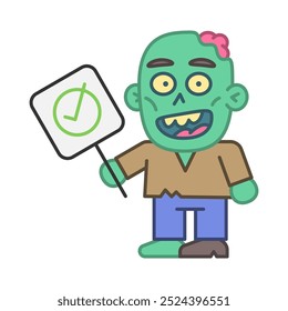 Zombie holds yes sign and smiles. Vector Illustration