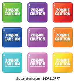 Zombie horror icons set 9 color collection isolated on white for any design