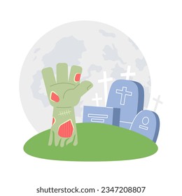 Zombie horror on full moon cemetery flat concept vector spot illustration. Tombstones, zombie hand 2D cartoon scene on white for web UI design. Spooky graveyard isolated editable creative hero image