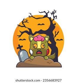 Zombie horse rise from graveyard in halloween day. Cute halloween cartoon illustration. 