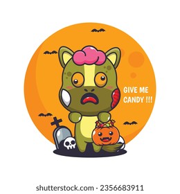 Zombie horse want candy. Cute halloween cartoon illustration.