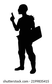 Zombie hunter with weapon silhouette vector on white background, shied and pistal, people graphic design for Halloween day.