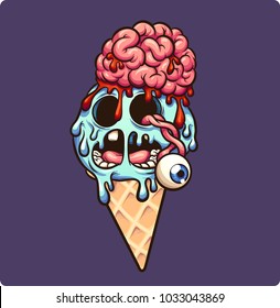 Zombie ice cream with brain and eye popping out. Vector clip art illustration with simple gradients. Illustration and purple background on separate layers. 