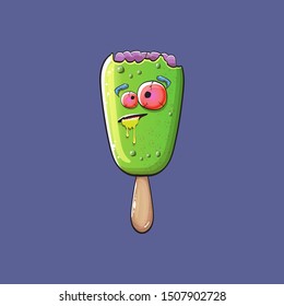 Zombie ice cream with brain and red eyes isolated on blue background. Halloween ice cream zobie character.