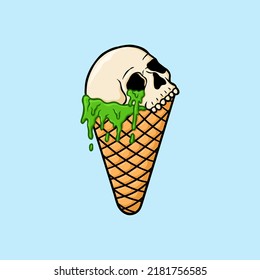 Zombie ice cream cone melts with skull Vector illustration