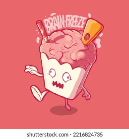 Carácter del paquete de hielo zombi con ilustración del vector de congelación cerebral. El concepto de diseño de comida es divertido, atemorizante.